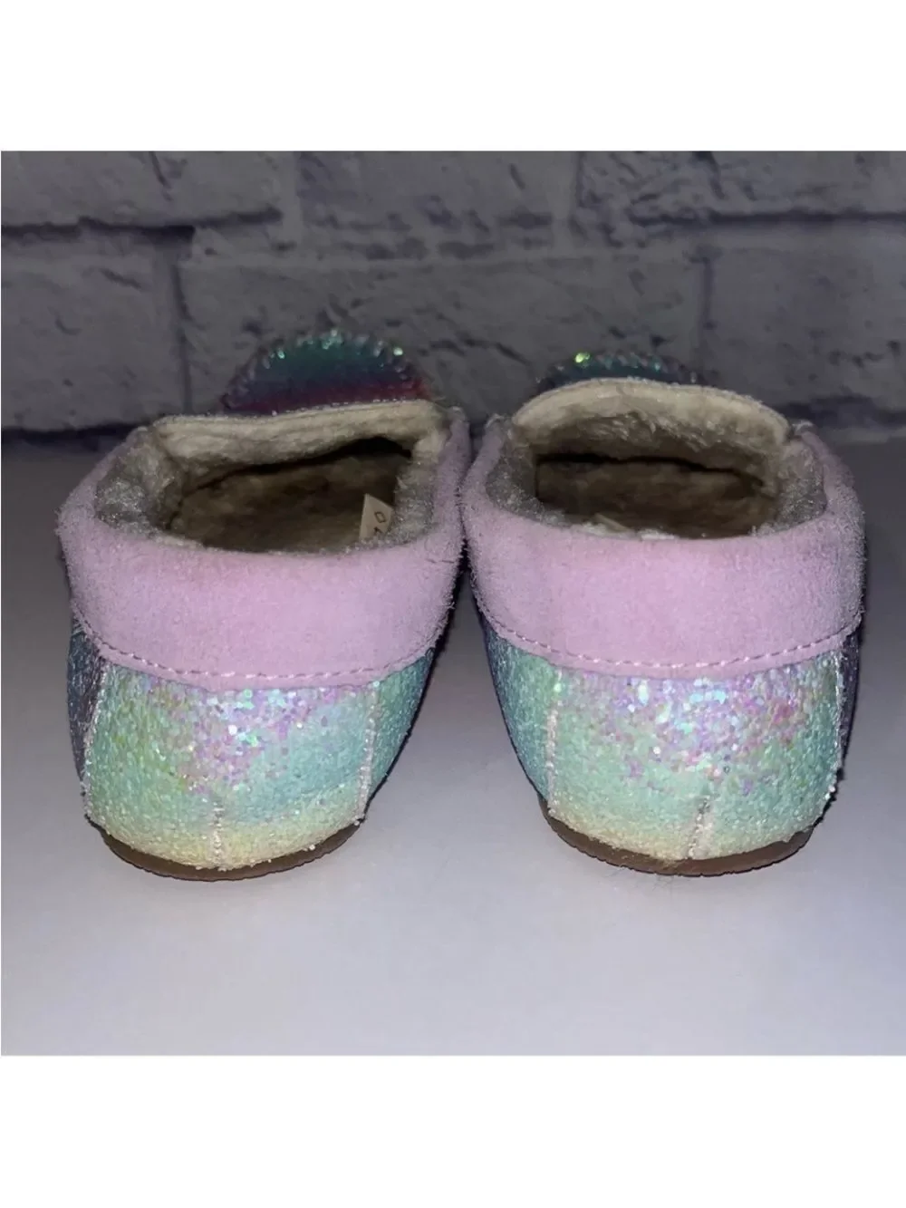 Lands' End Girls' Pastel Rainbow Glitter Moccasin Slippers - Lavender Size 3